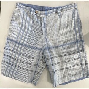 Tommy Bahama Mens Reversible Shorts 34 Linen Blue‎ Plaid Chino Trouser 9" Inseam